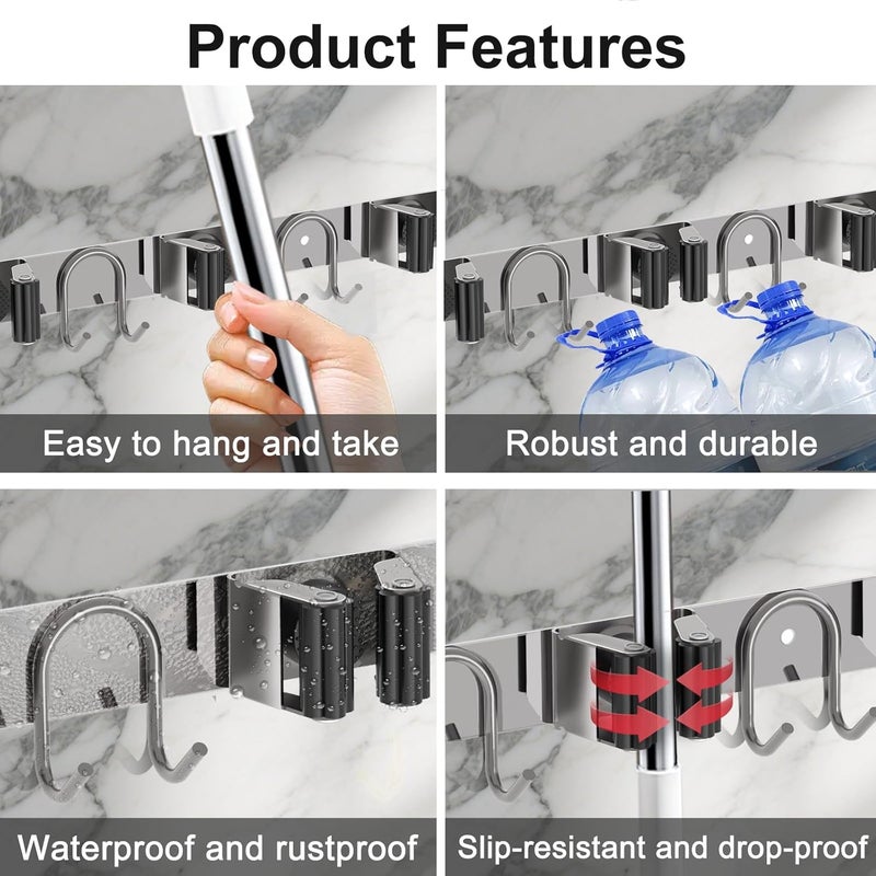 GUUKAR Mop Broom Holder Wall Mount, 2 Packs Silver Stainless Steel Tool Storage Organizer for Kitchen Garden Garage Laundry Room Bathroom and RV with 4 Slots 6 Hooks - Image 4